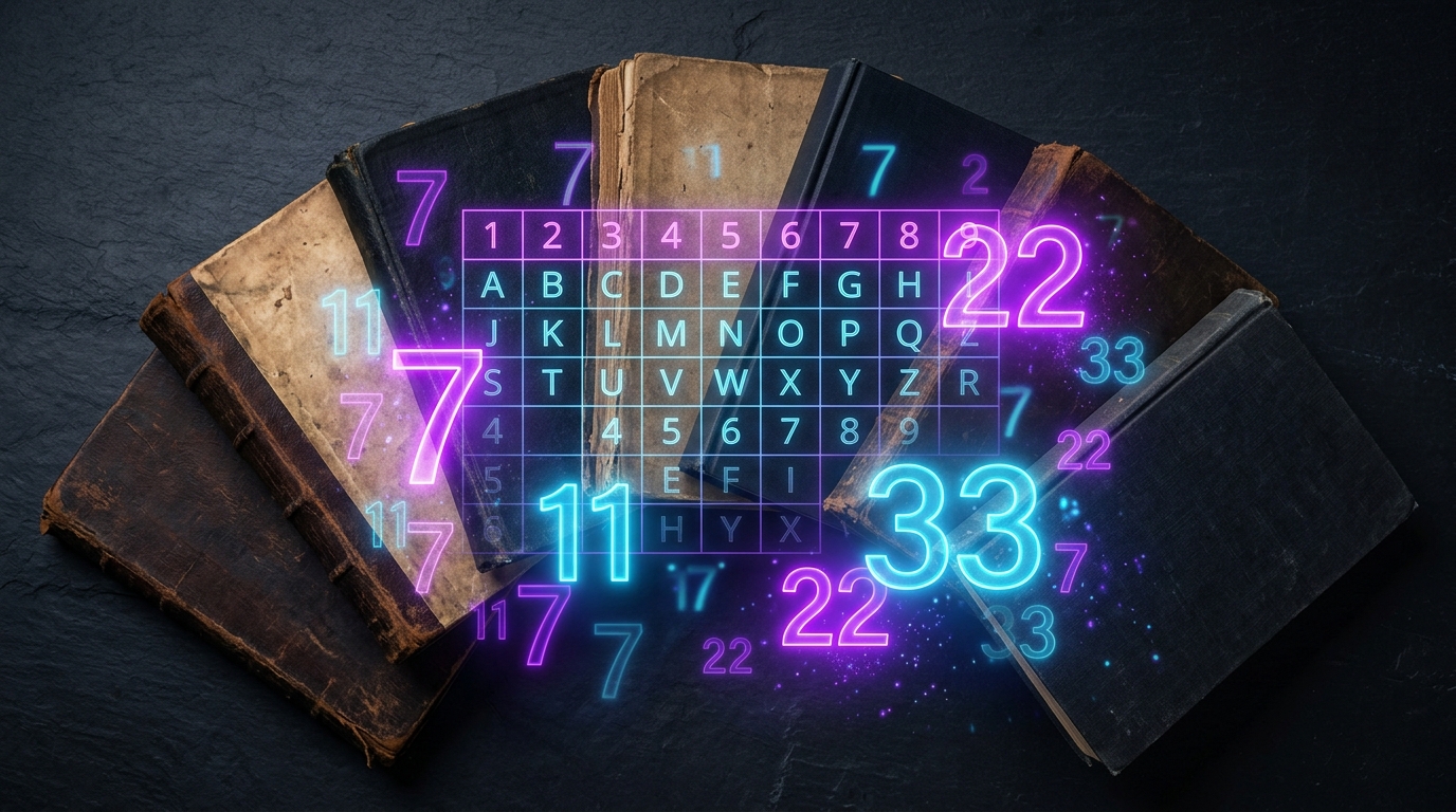 Overhead flat-lay of numerology books with glowing Pythagorean number grid overlay