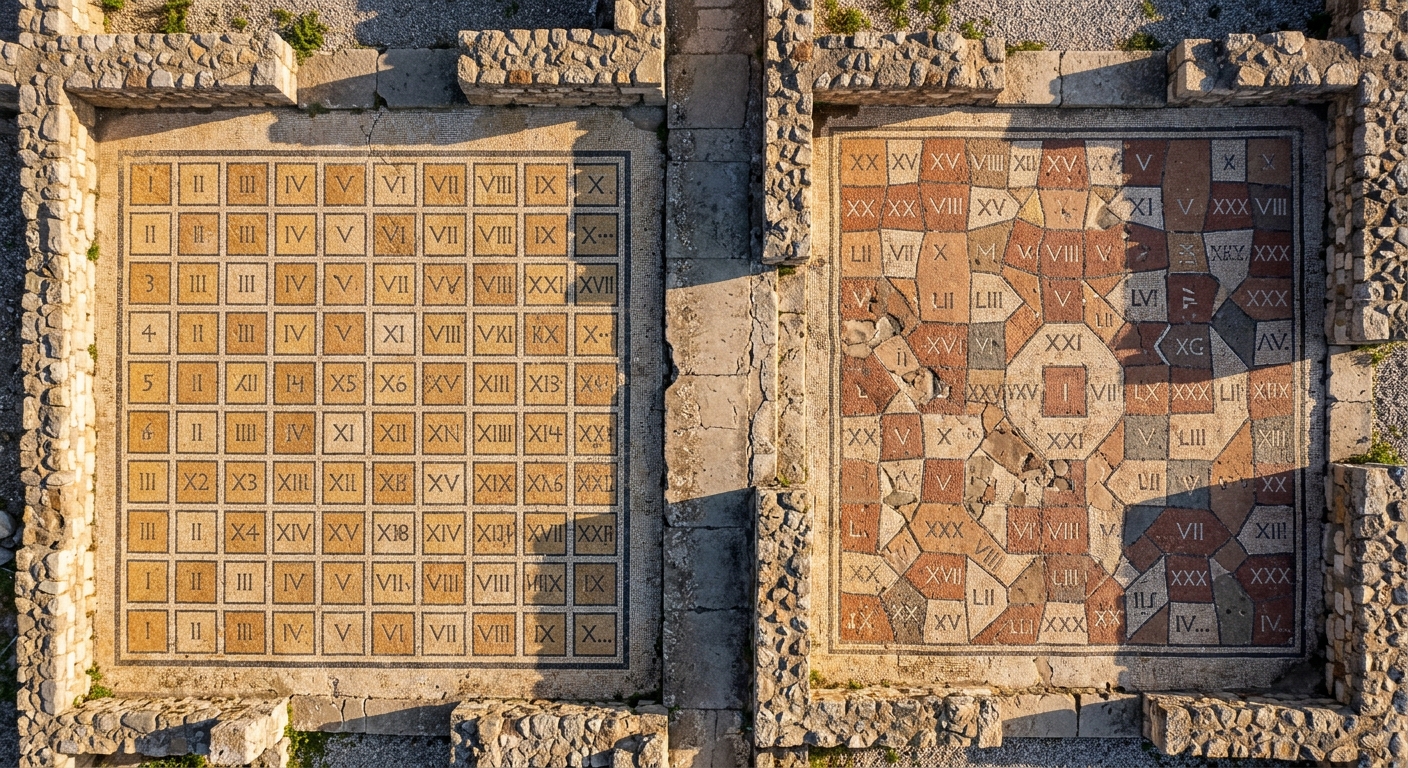 Aerial view of two contrasting tile grids symbolizing Chaldean numerology versus Pythagorean number systems